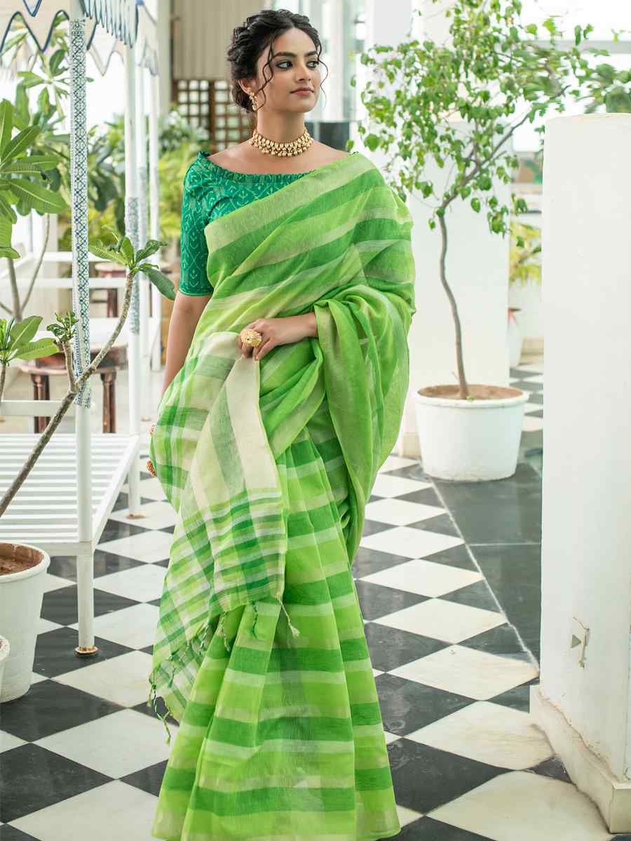 Parrot Green Linen Handwoven Casual Festival Classic Style Saree