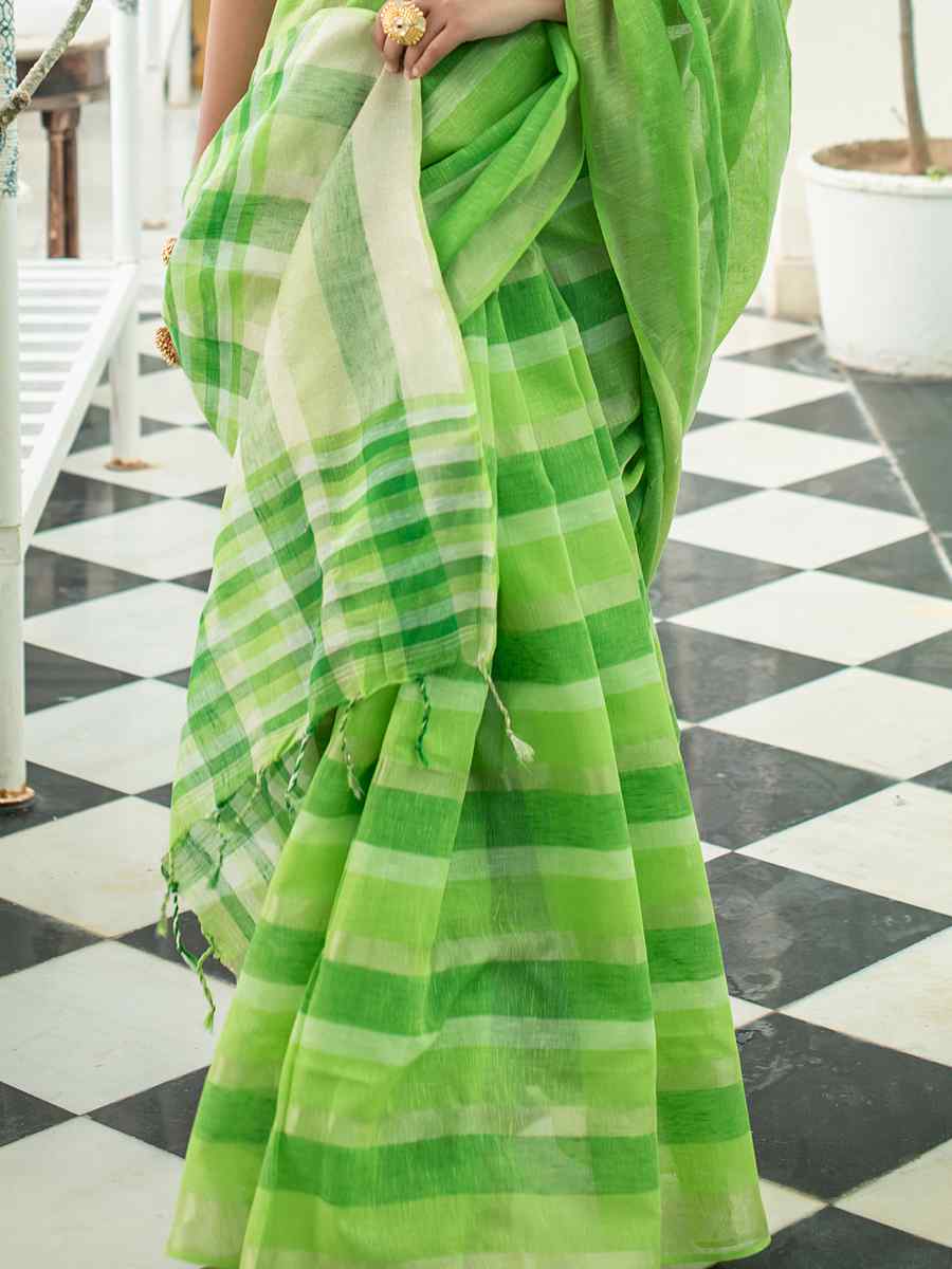 Parrot Green Linen Handwoven Casual Festival Classic Style Saree