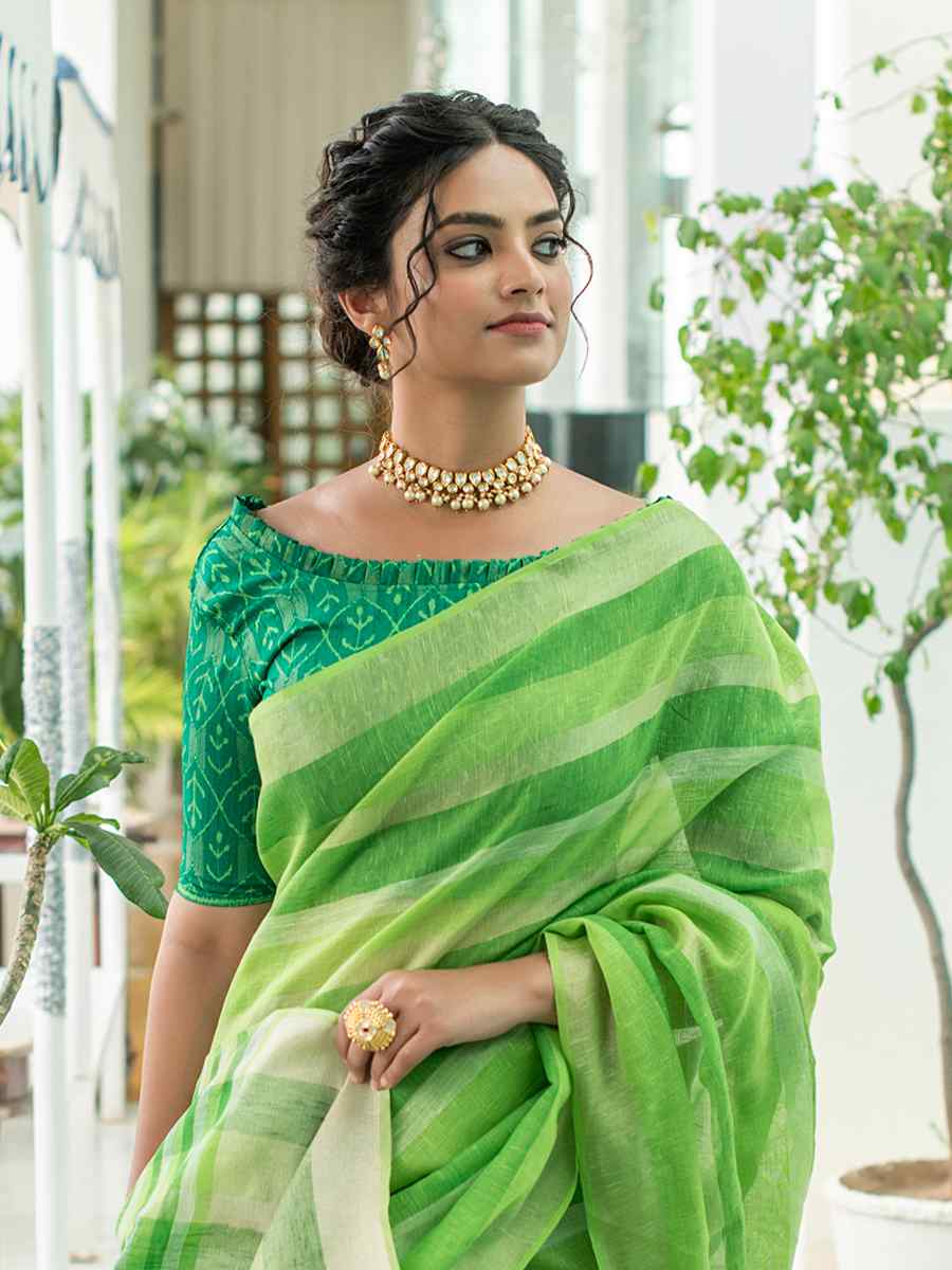 Parrot Green Linen Handwoven Casual Festival Classic Style Saree