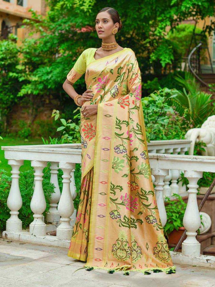 Parrot Green Paithani Silk Handwoven Wedding Festival Heavy Border Saree