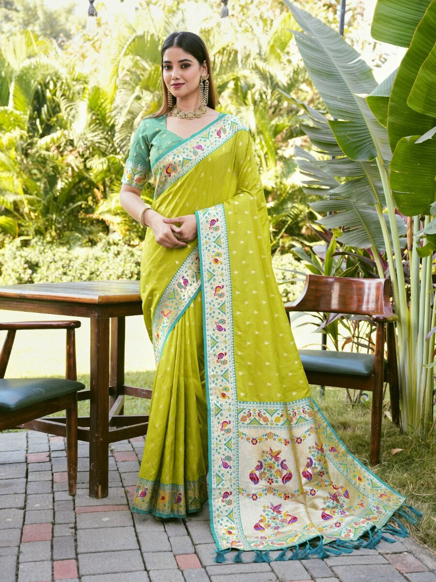 Parrot Green Paithani Soft Silk Zari Woven Meenakari Peacock Paithani Pallu Wedding Reception Party Festival Casual Heavy Border Sarees