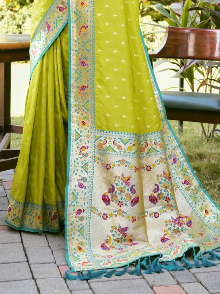 Parrot Green Paithani Soft Silk Zari Woven Meenakari Peacock Paithani Pallu Wedding Reception Party Festival Casual Heavy Border Sarees