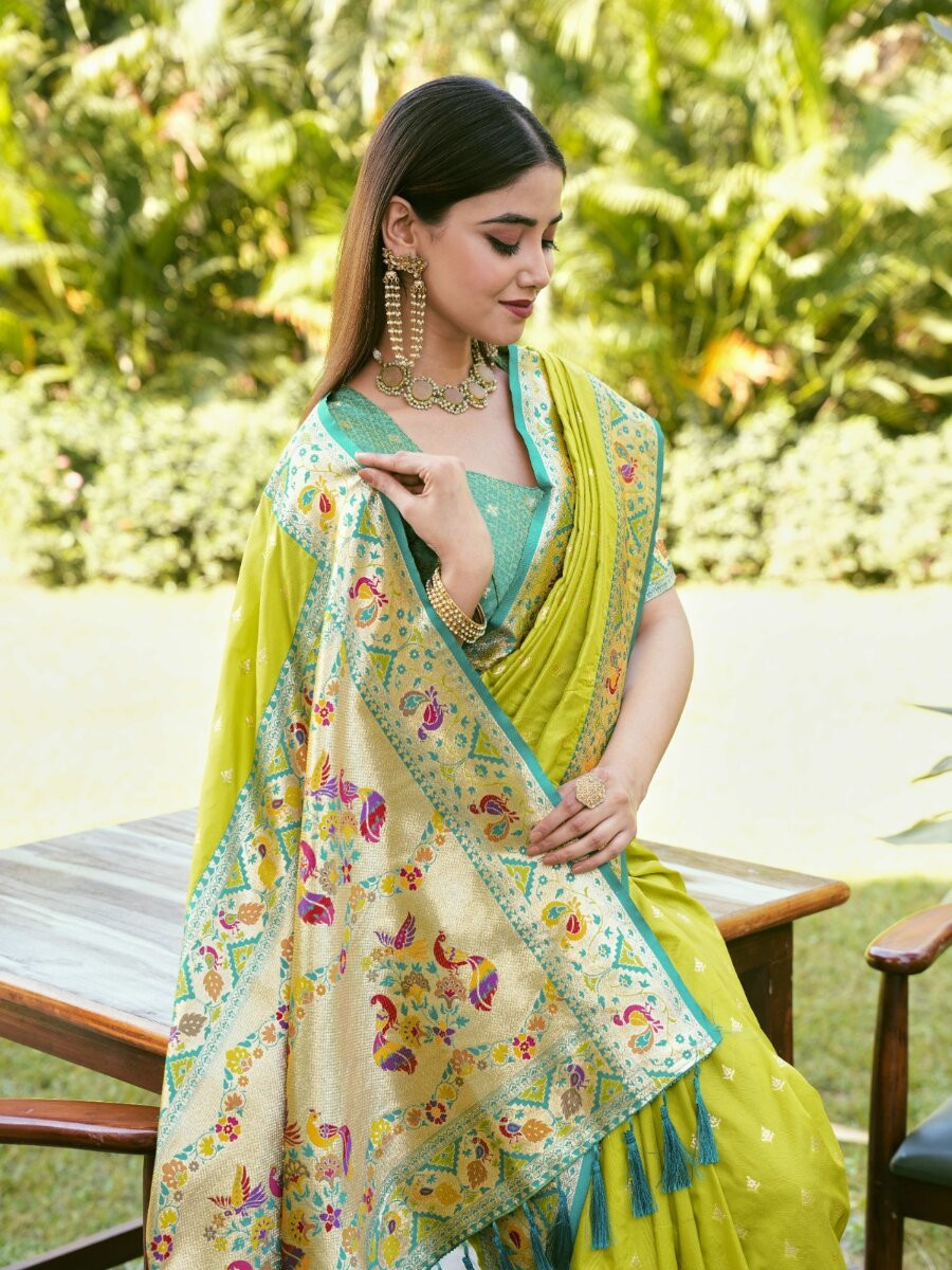 Parrot Green Paithani Soft Silk Zari Woven Meenakari Peacock Paithani Pallu Wedding Reception Party Festival Casual Heavy Border Sarees