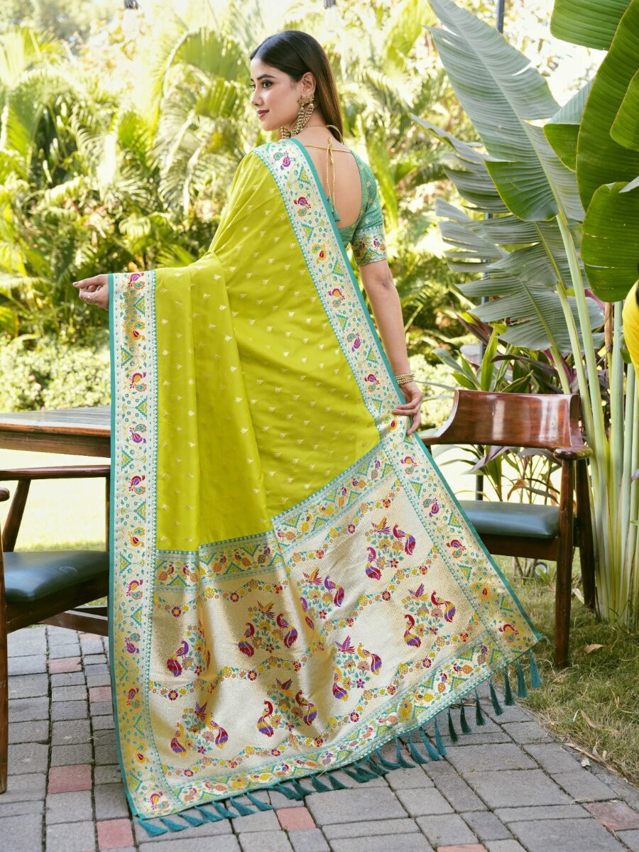 Parrot Green Paithani Soft Silk Zari Woven Meenakari Peacock Paithani Pallu Wedding Reception Party Festival Casual Heavy Border Sarees