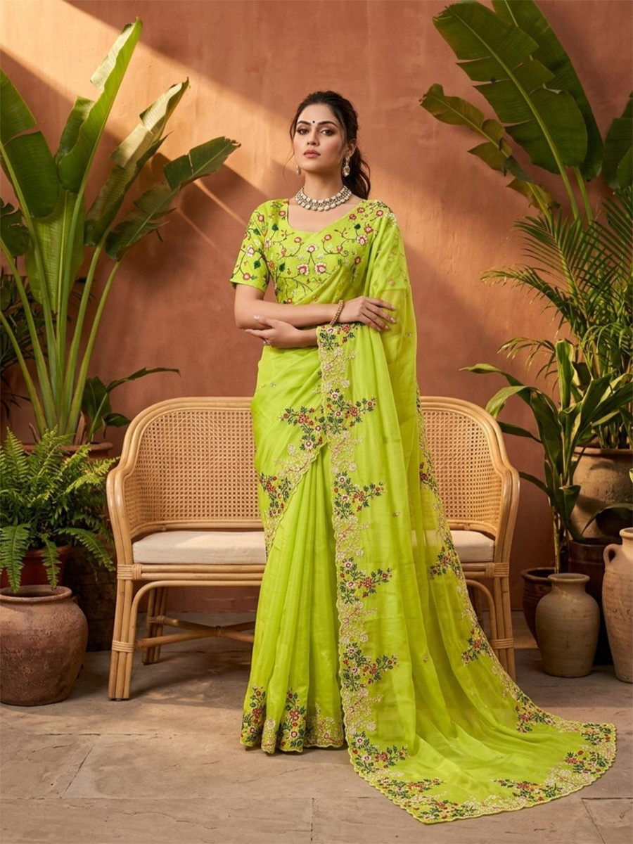 Parrot Green Paper Silk Embroidery Cutwork Border Wedding Reception Festival Party Wear Casual Heavy Border Sarees