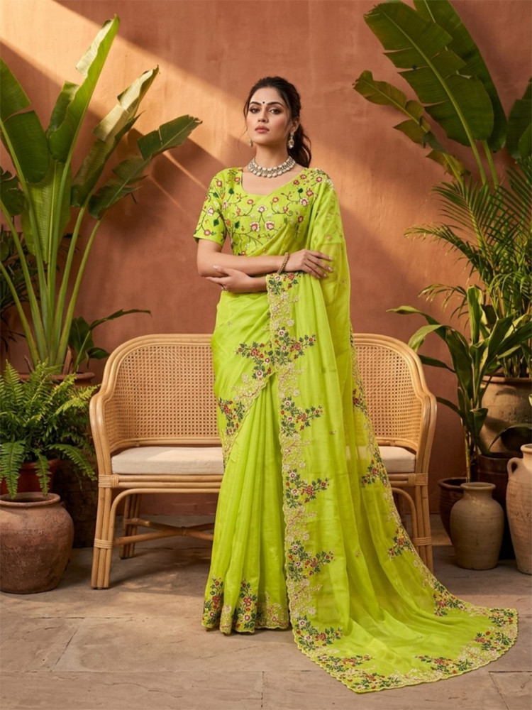 Image of Parrot Green Paper Silk Embroidery Cutwork Border Wedding Reception Festival Party Wear Casual Heavy Border Sarees
