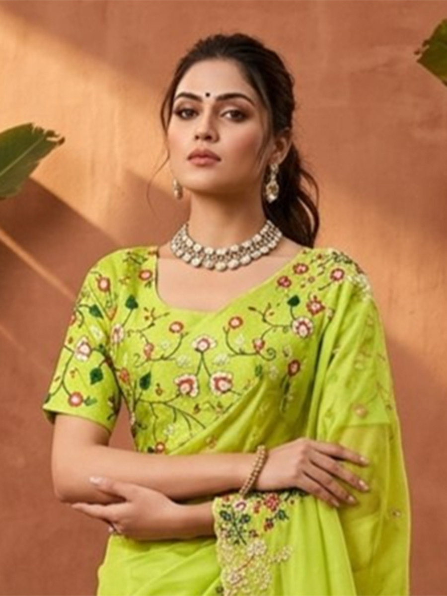 Parrot Green Paper Silk Embroidery Cutwork Border Wedding Reception Festival Party Wear Casual Heavy Border Sarees