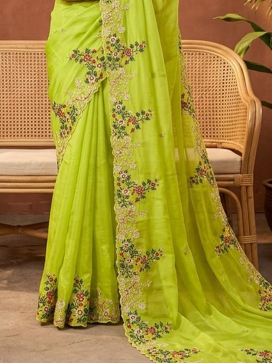 Parrot Green Paper Silk Embroidery Cutwork Border Wedding Reception Festival Party Wear Casual Heavy Border Sarees