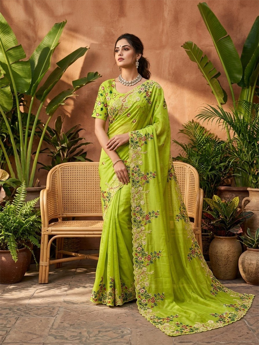 Parrot Green Paper Silk Embroidery Cutwork Border Wedding Reception Festival Party Wear Casual Heavy Border Sarees