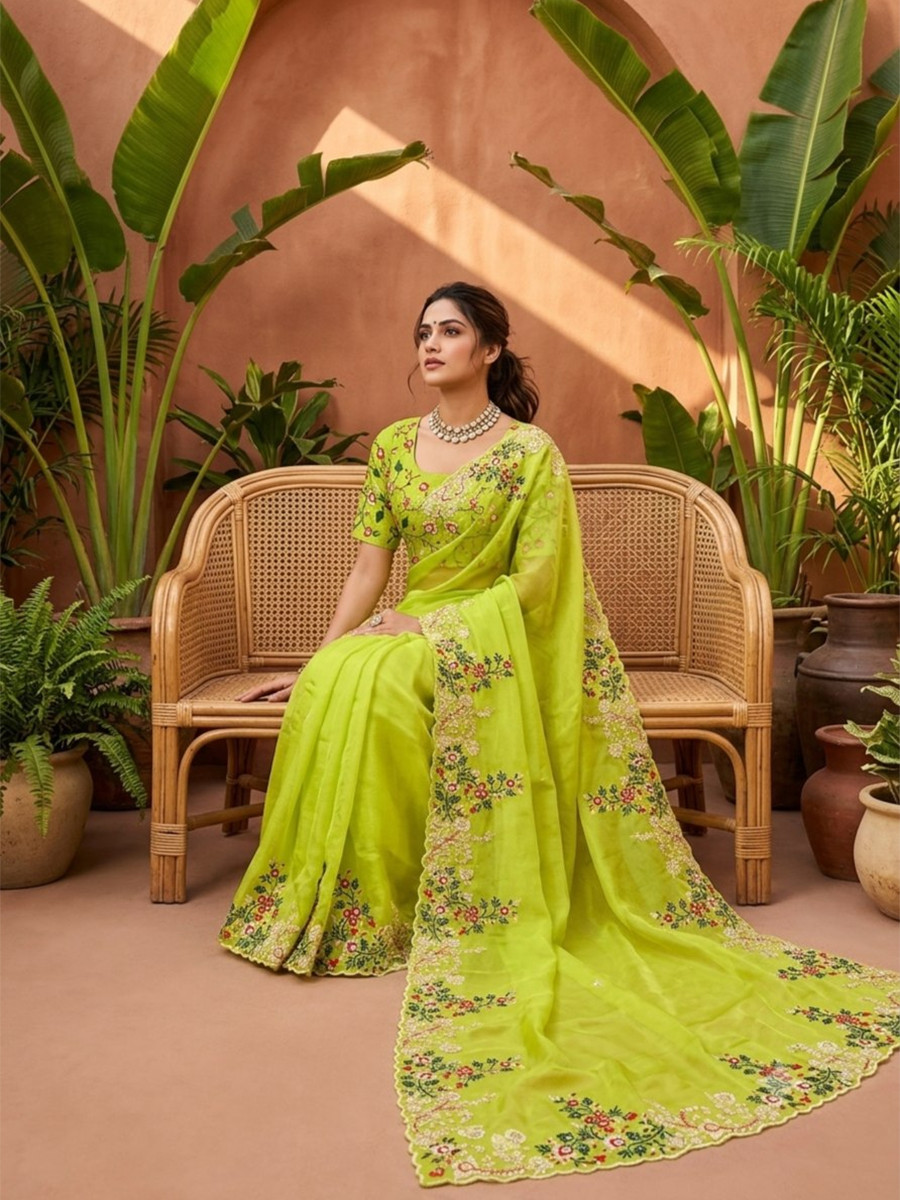 Parrot Green Paper Silk Embroidery Cutwork Border Wedding Reception Festival Party Wear Casual Heavy Border Sarees