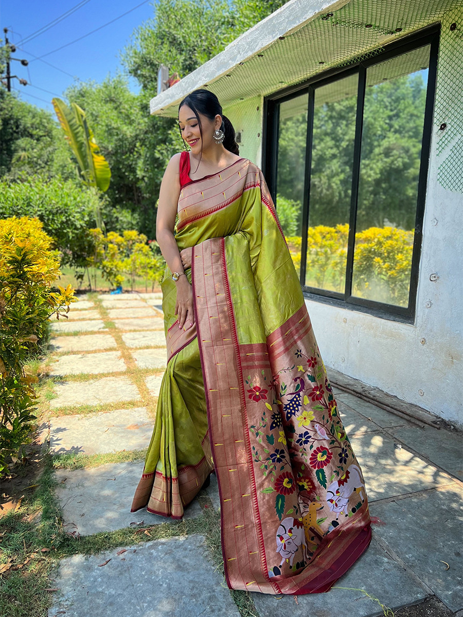 Parrot Green Pure Soft Paithani Silk Zari Wedding Reception Party Festival Casual Heavy Border Sarees