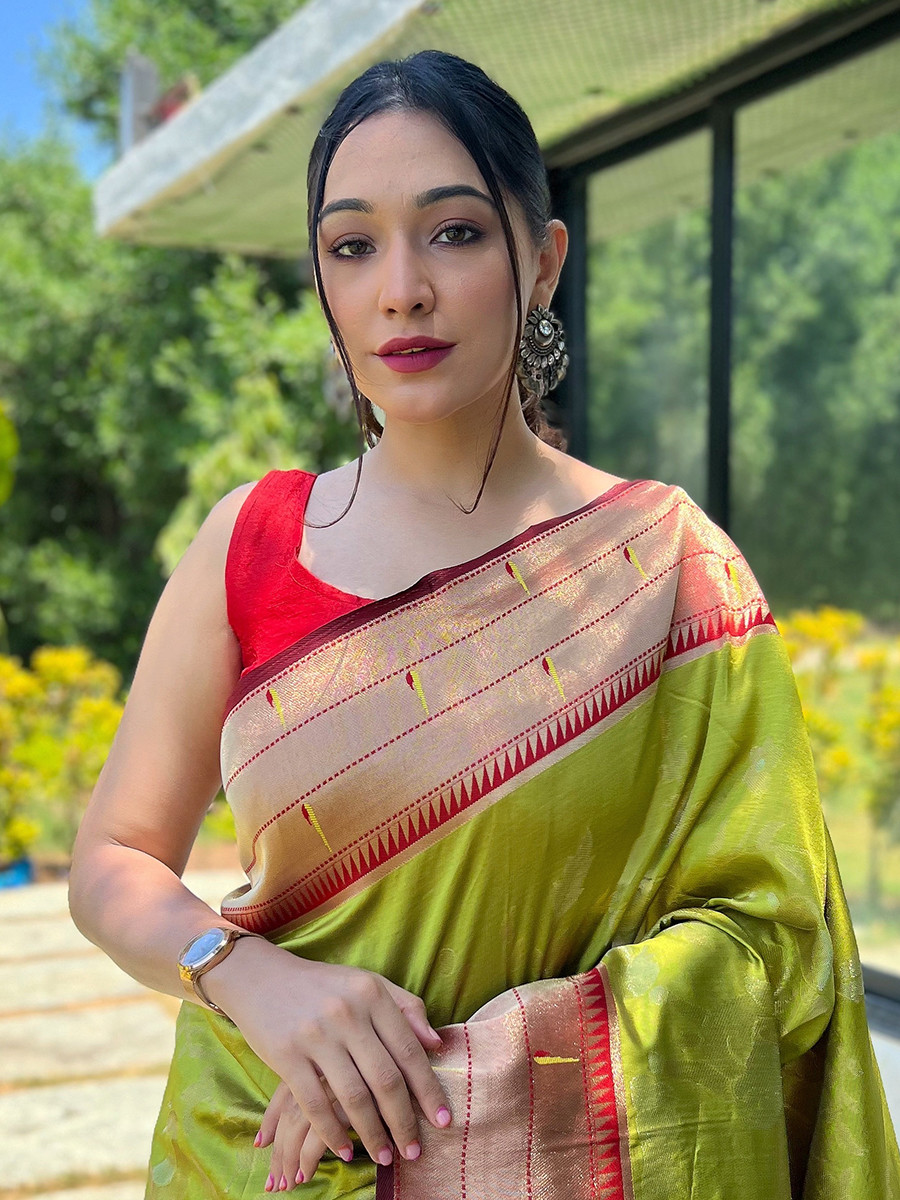 Parrot Green Pure Soft Paithani Silk Zari Wedding Reception Party Festival Casual Heavy Border Sarees