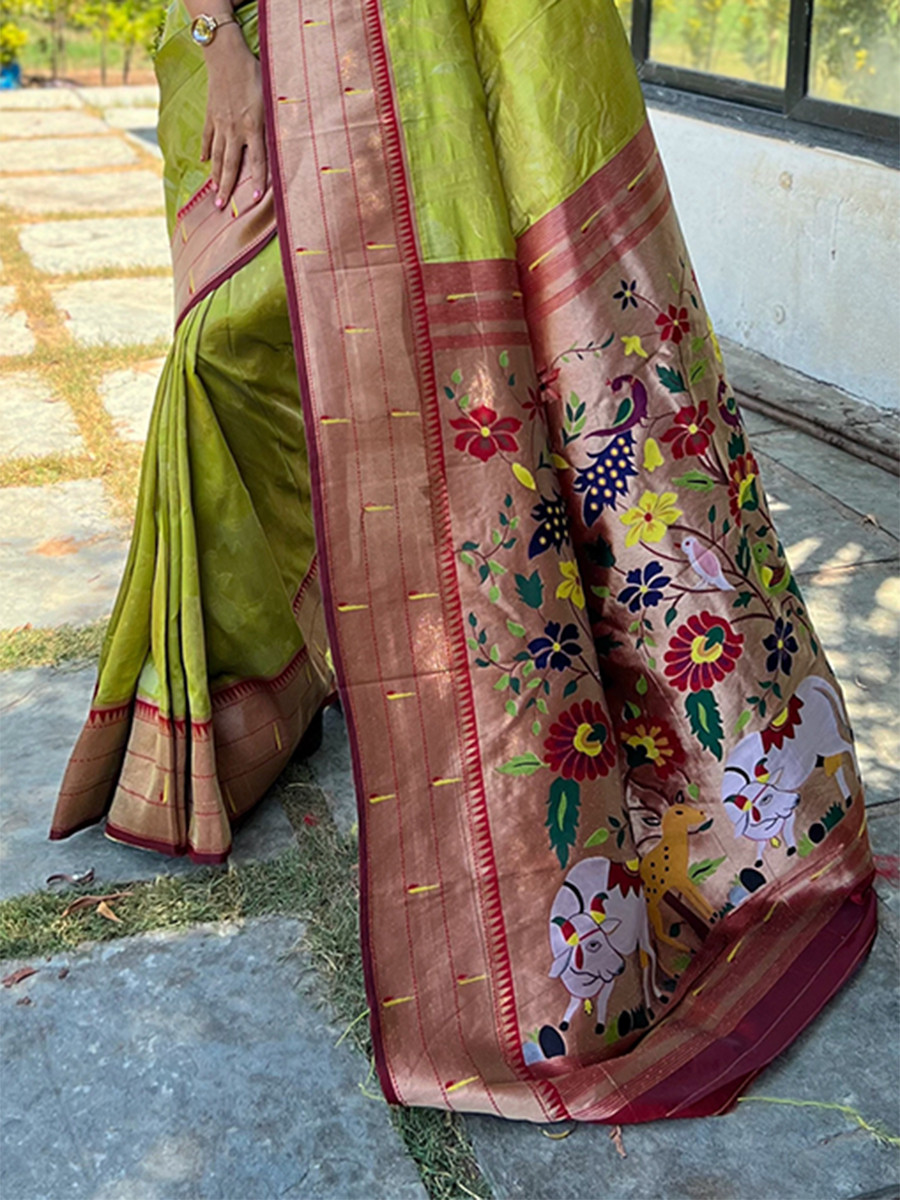Parrot Green Pure Soft Paithani Silk Zari Wedding Reception Party Festival Casual Heavy Border Sarees