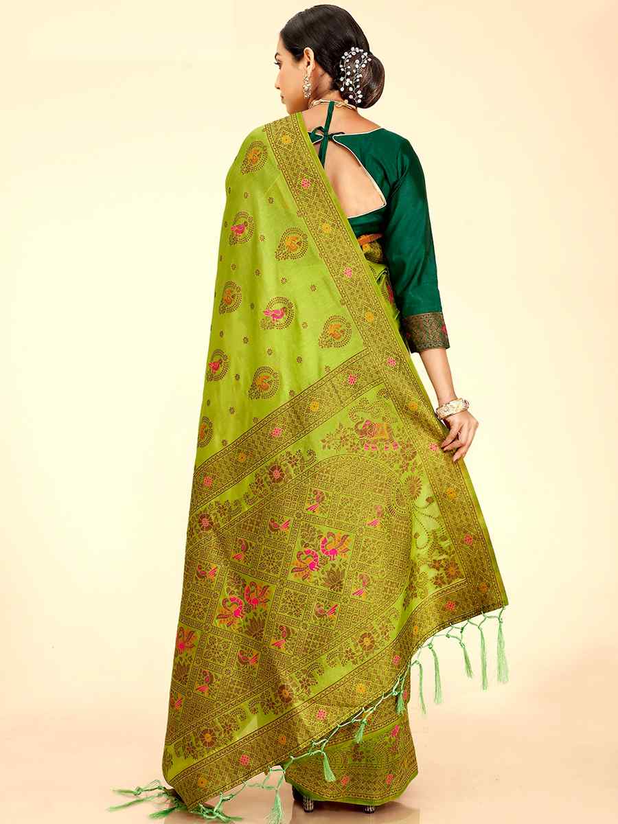 Parrot Green Raw Silk Handwoven Wedding Festival Heavy Border Saree