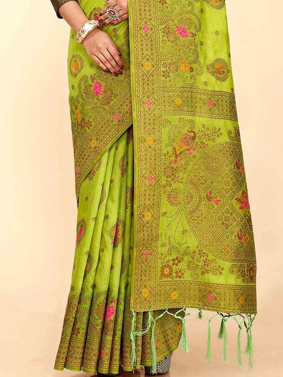 Parrot Green Raw Silk Handwoven Wedding Festival Heavy Border Saree