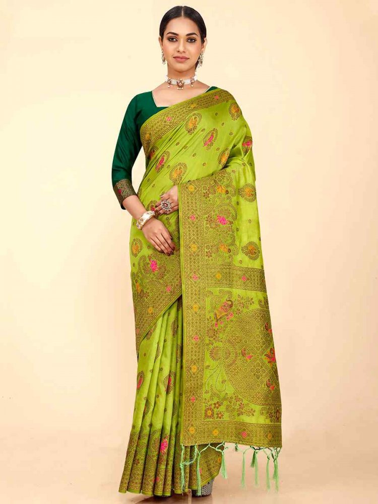 Parrot Green Raw Silk Handwoven Wedding Festival Heavy Border Saree