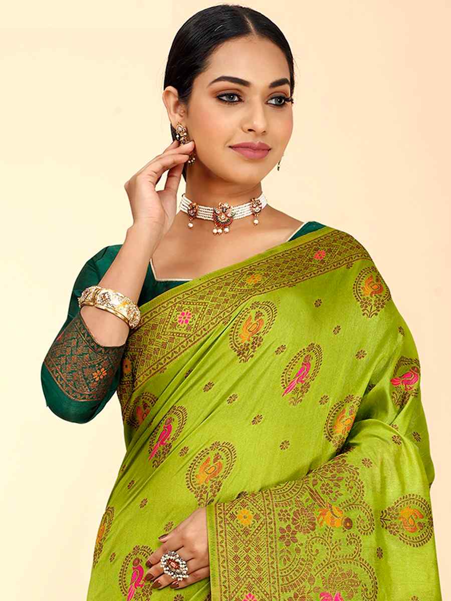 Parrot Green Raw Silk Handwoven Wedding Festival Heavy Border Saree