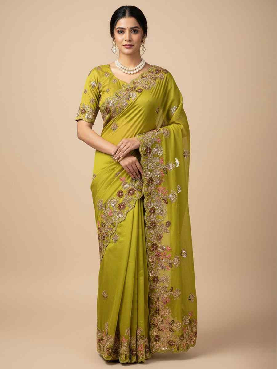 Parrot Green Soft Fendy Chiffon Embroidery Handwoven Festival Wedding Fancy Heavy Border Saree