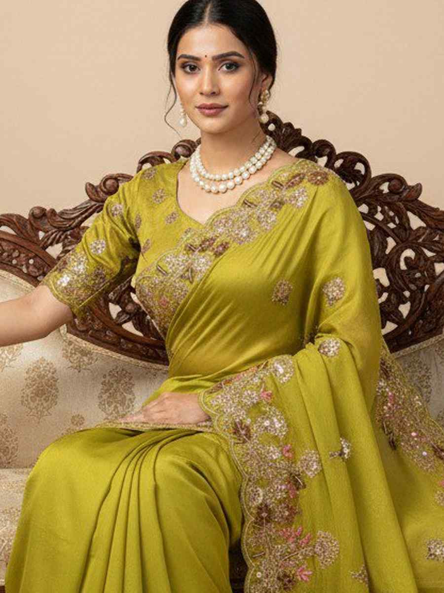 Parrot Green Soft Fendy Chiffon Embroidery Handwoven Festival Wedding Fancy Heavy Border Saree