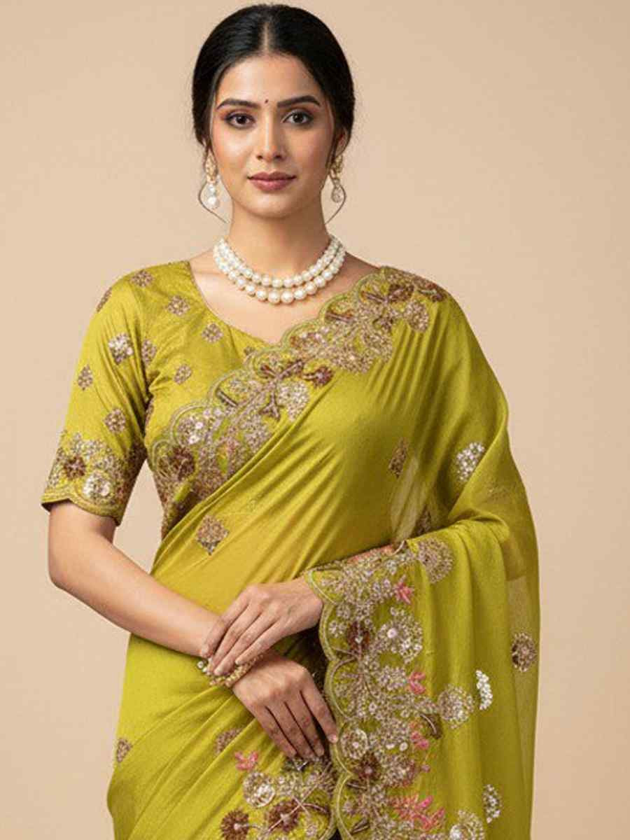 Parrot Green Soft Fendy Chiffon Embroidery Handwoven Festival Wedding Fancy Heavy Border Saree