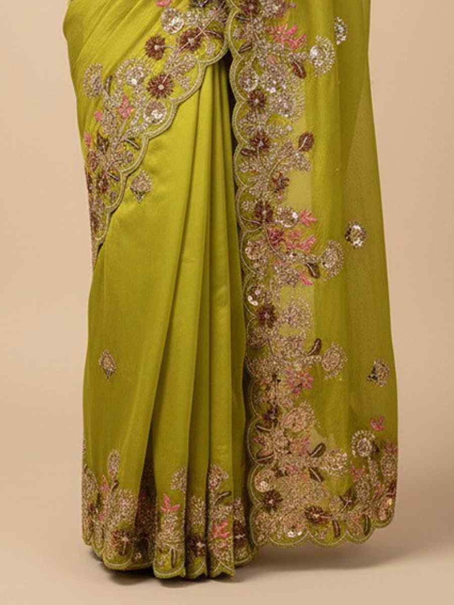 Parrot Green Soft Fendy Chiffon Embroidery Handwoven Festival Wedding Fancy Heavy Border Saree