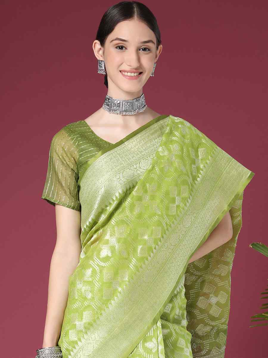 Parrot Green Soft Organza Silk Handwoven Wedding Festival Heavy Border Saree