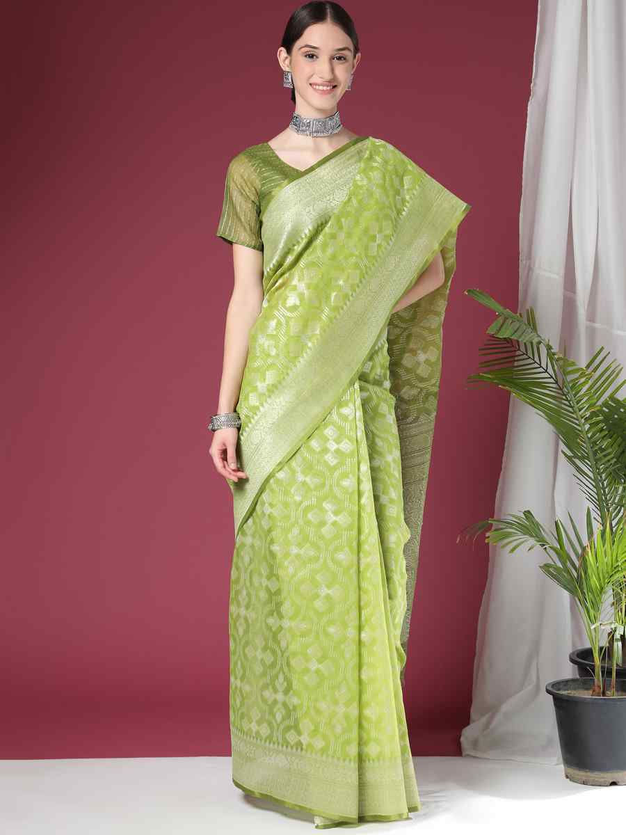Parrot Green Soft Organza Silk Handwoven Wedding Festival Heavy Border Saree