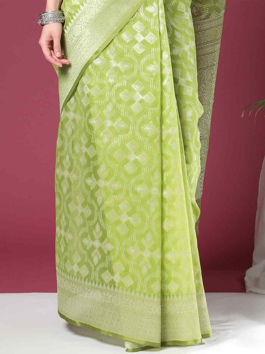 Parrot Green Soft Organza Silk Handwoven Wedding Festival Heavy Border Saree