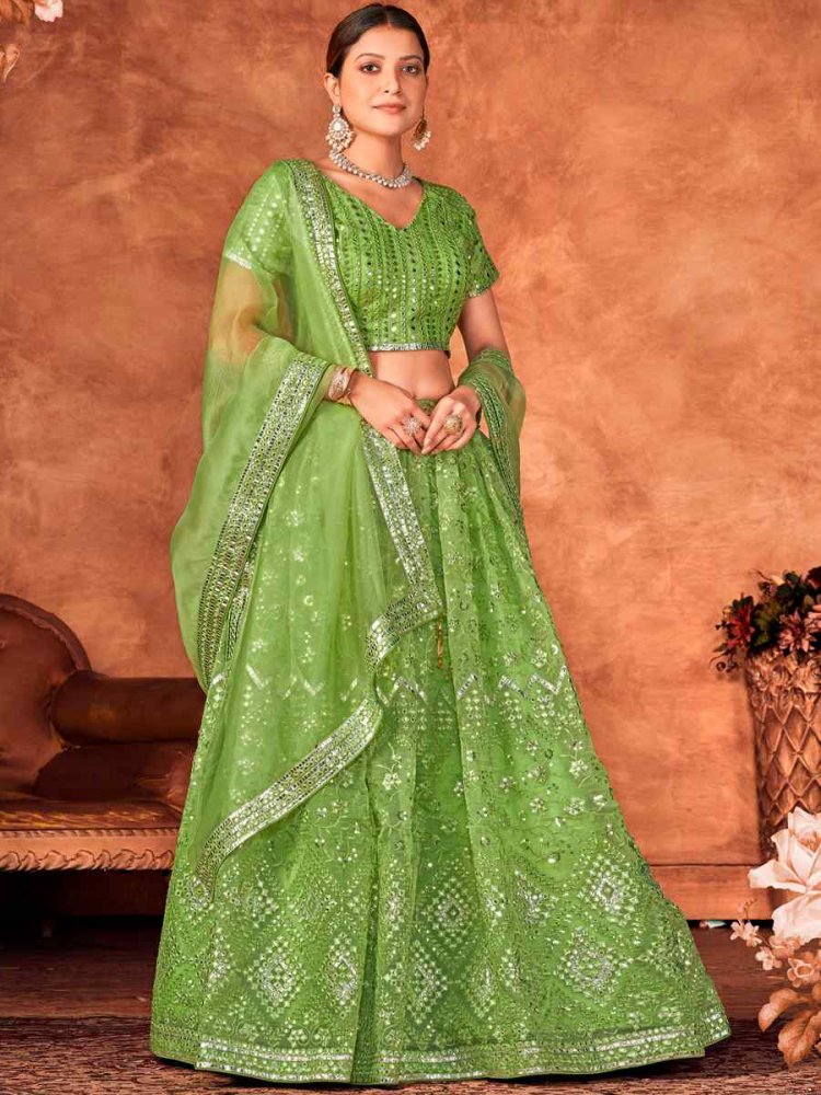Parrot Organza Embroidered Festival Party Wear Circular Lehenga Choli