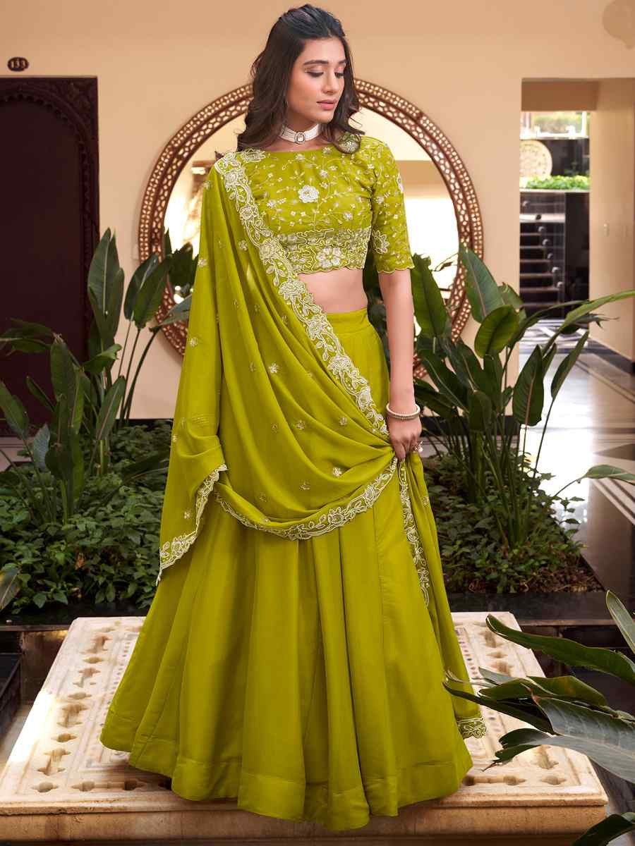 Parrot Star Georgette Embroidered Reception Wedding Heavy Border Lehenga Choli