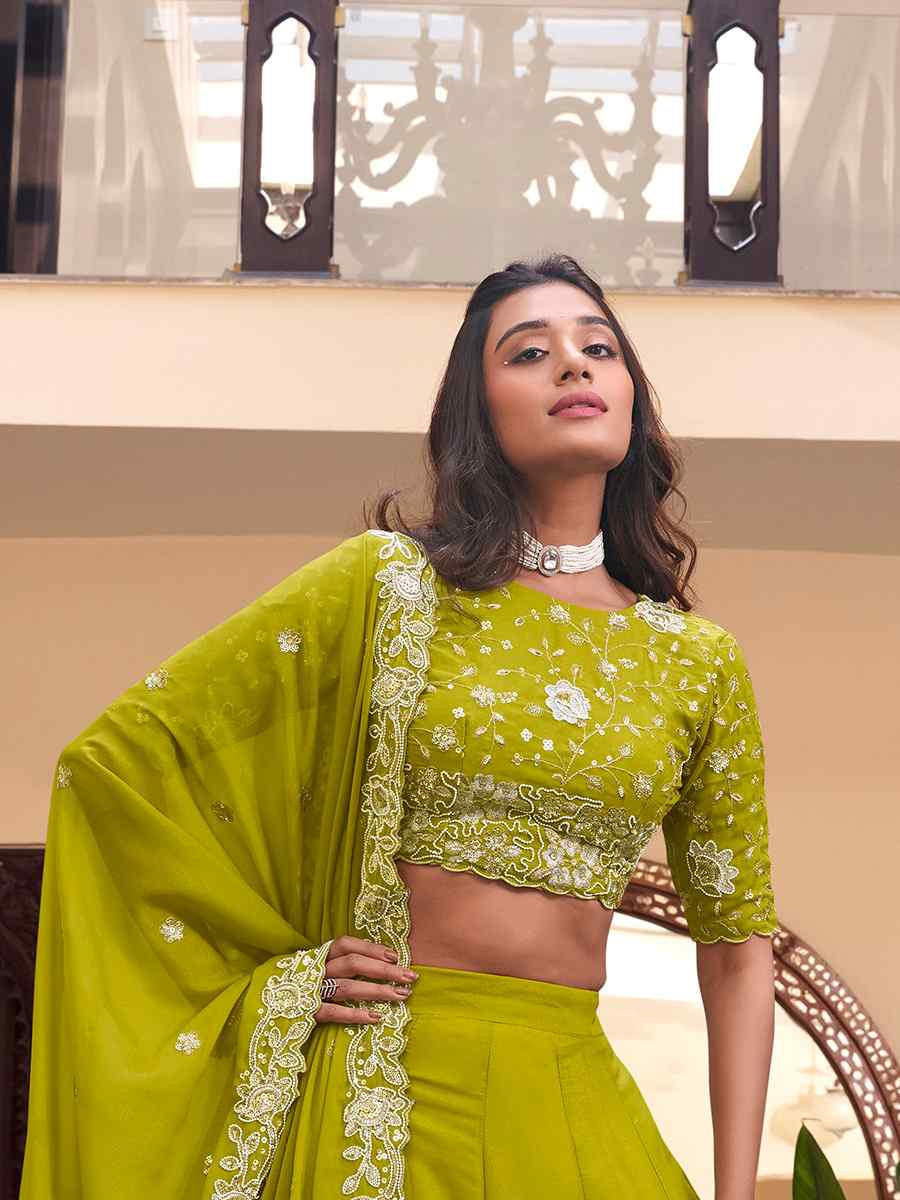 Parrot Star Georgette Embroidered Reception Wedding Heavy Border Lehenga Choli