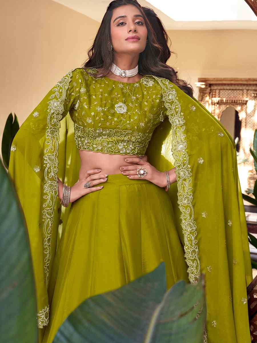 Parrot Star Georgette Embroidered Reception Wedding Heavy Border Lehenga Choli