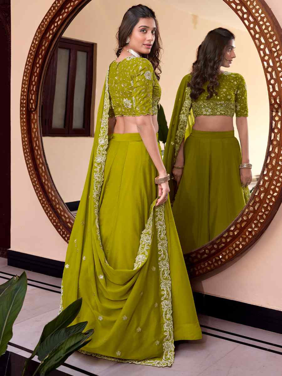 Parrot Star Georgette Embroidered Reception Wedding Heavy Border Lehenga Choli