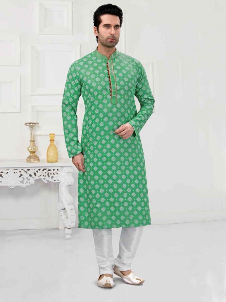 Pastel Green Cotton Woven Festival Wedding Kurta