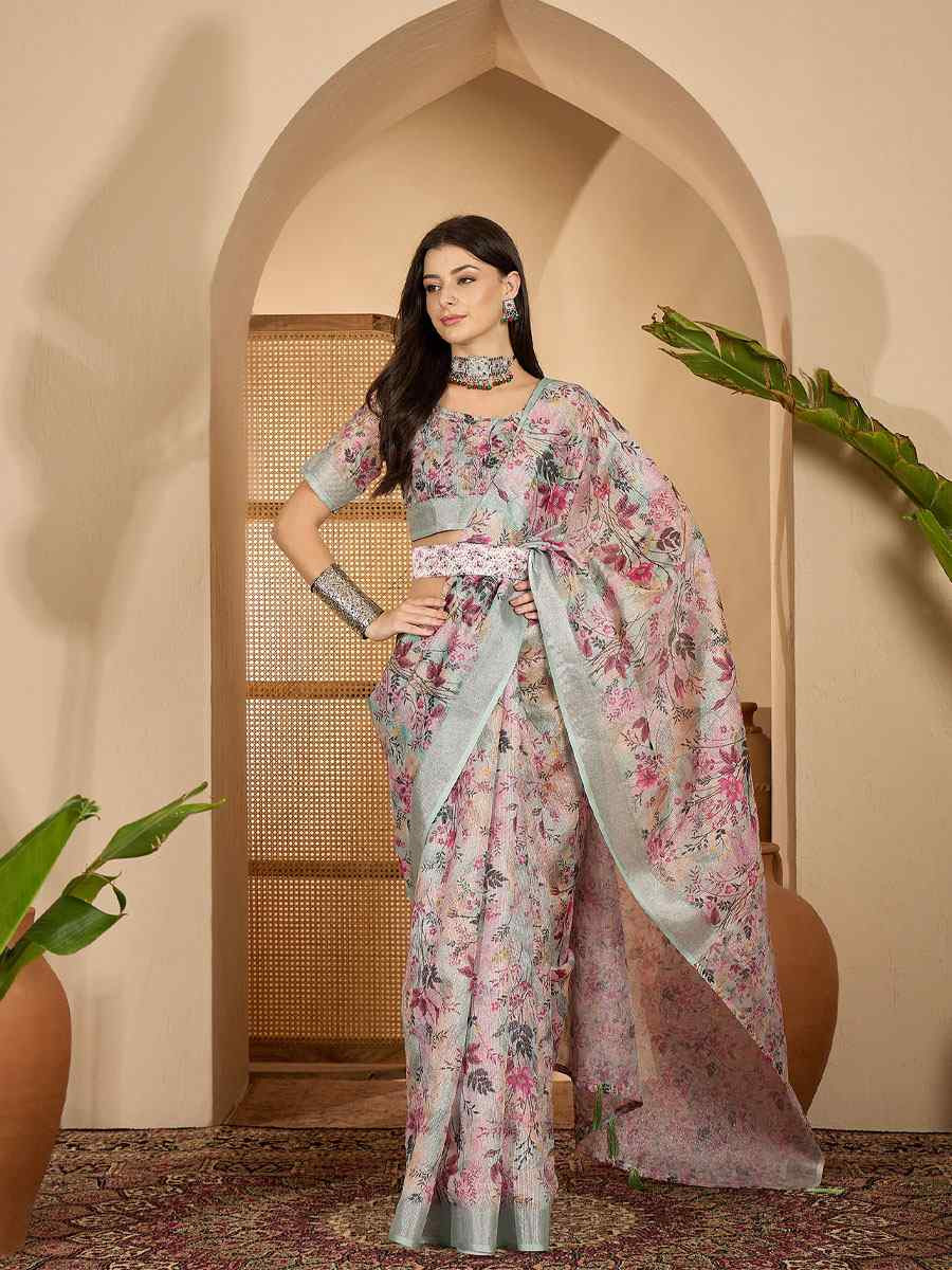 Pastel Green Linen Silver Zari Printed Casual Reception Festival Wedding Fancy Classic Style Sarees