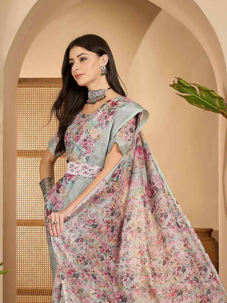 Pastel Green Linen Silver Zari Printed Casual Reception Festival Wedding Fancy Classic Style Sarees