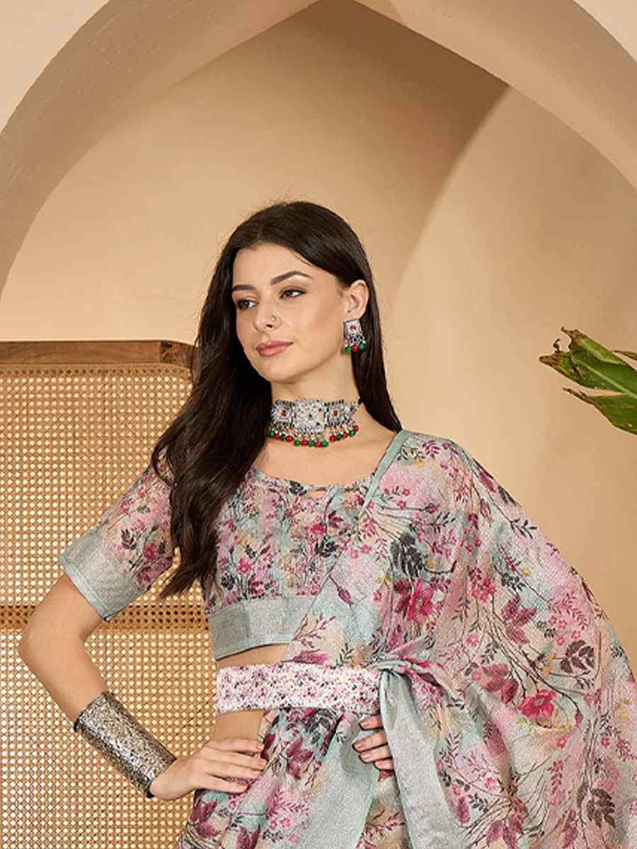 Pastel Green Linen Silver Zari Printed Casual Reception Festival Wedding Fancy Classic Style Sarees