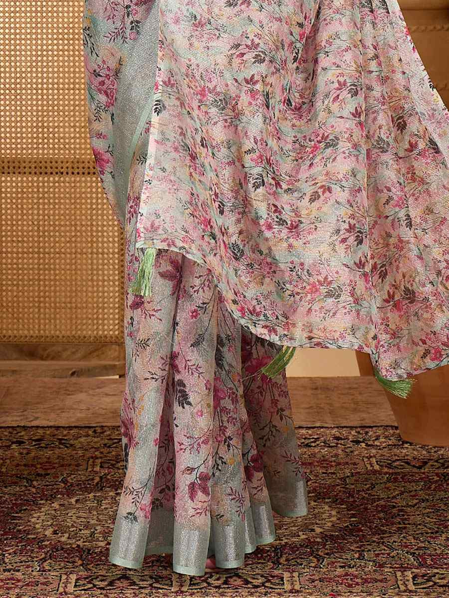 Pastel Green Linen Silver Zari Printed Casual Reception Festival Wedding Fancy Classic Style Sarees