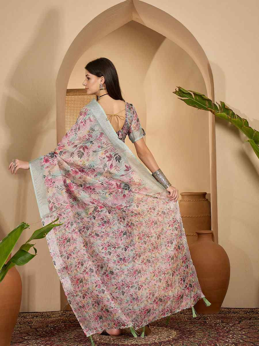 Pastel Green Linen Silver Zari Printed Casual Reception Festival Wedding Fancy Classic Style Sarees