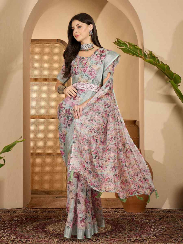 Image of Pastel Green Linen Zari Silver Printed Casual Reception Festival Wedding Fancy Classic Style Sarees