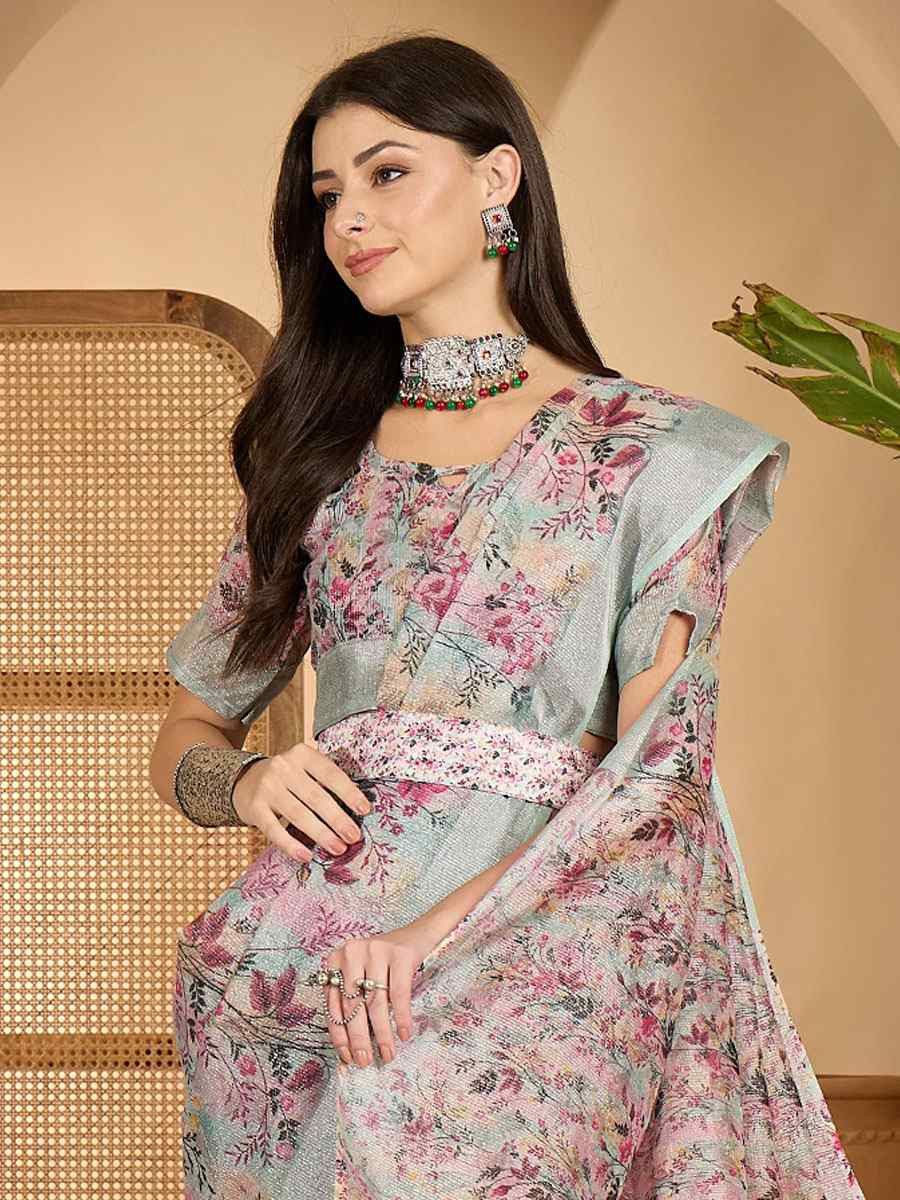 Pastel Green Linen Zari Silver Printed Casual Reception Festival Wedding Fancy Classic Style Sarees