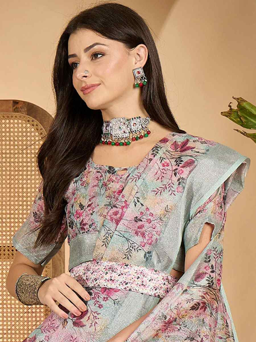 Pastel Green Linen Zari Silver Printed Casual Reception Festival Wedding Fancy Classic Style Sarees