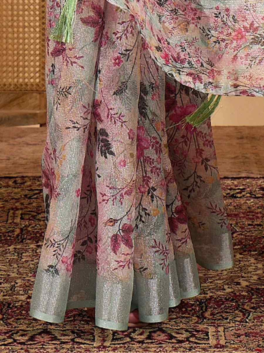 Pastel Green Linen Zari Silver Printed Casual Reception Festival Wedding Fancy Classic Style Sarees