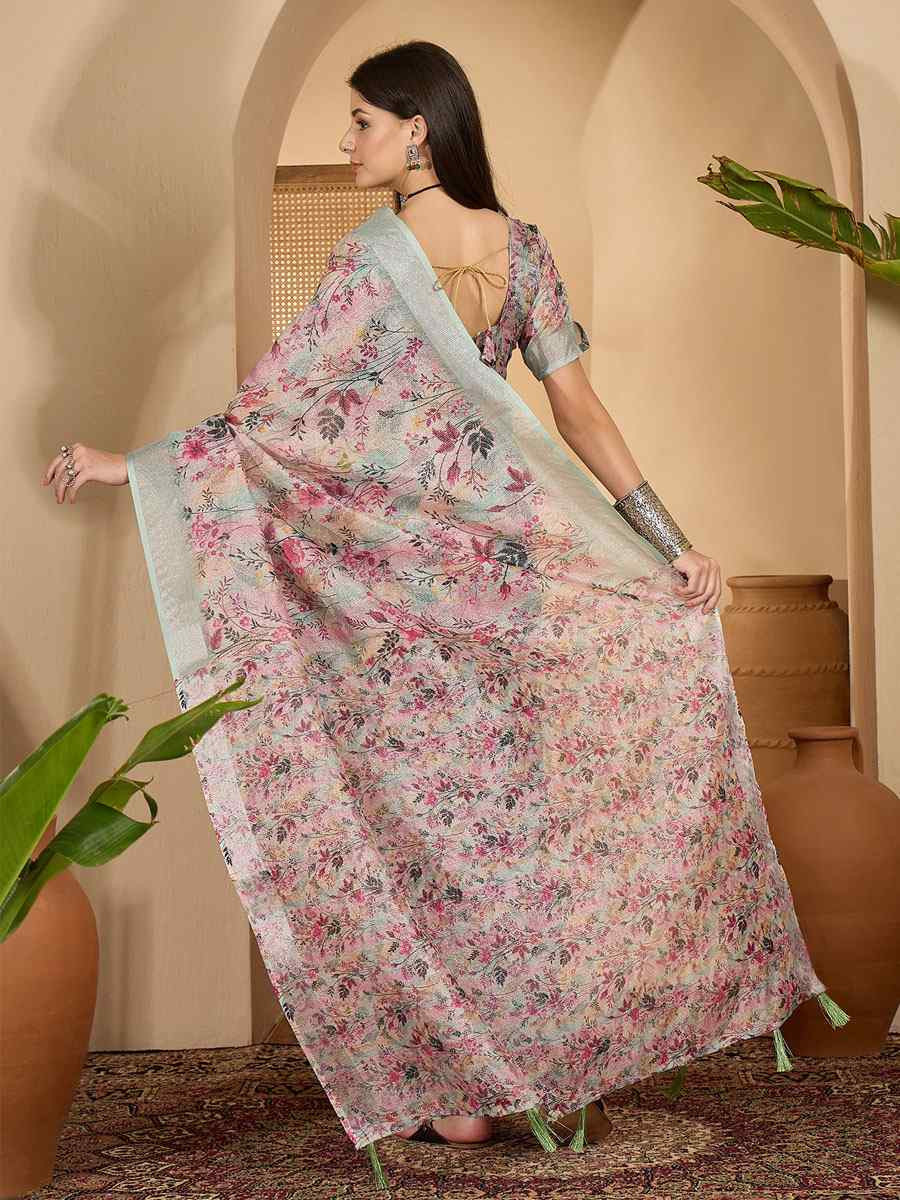 Pastel Green Linen Zari Silver Printed Casual Reception Festival Wedding Fancy Classic Style Sarees