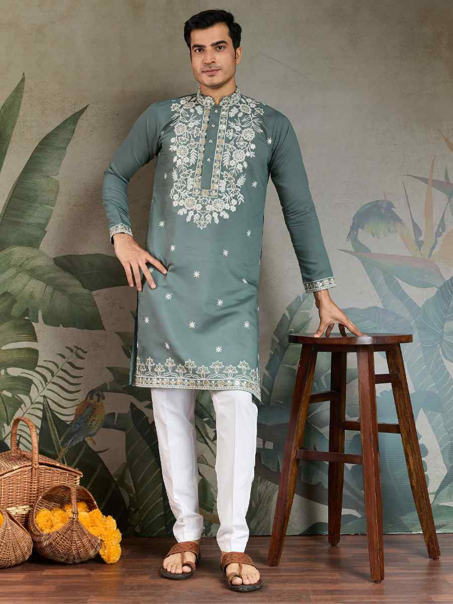 Pastel Pista Georgette Embroidery Festival Party Kurta