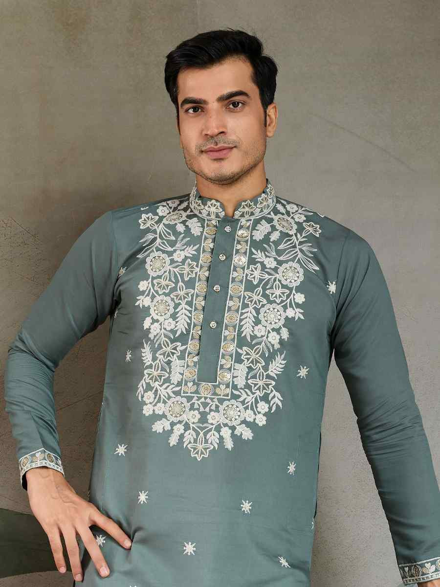 Pastel Pista Georgette Embroidery Festival Party Kurta