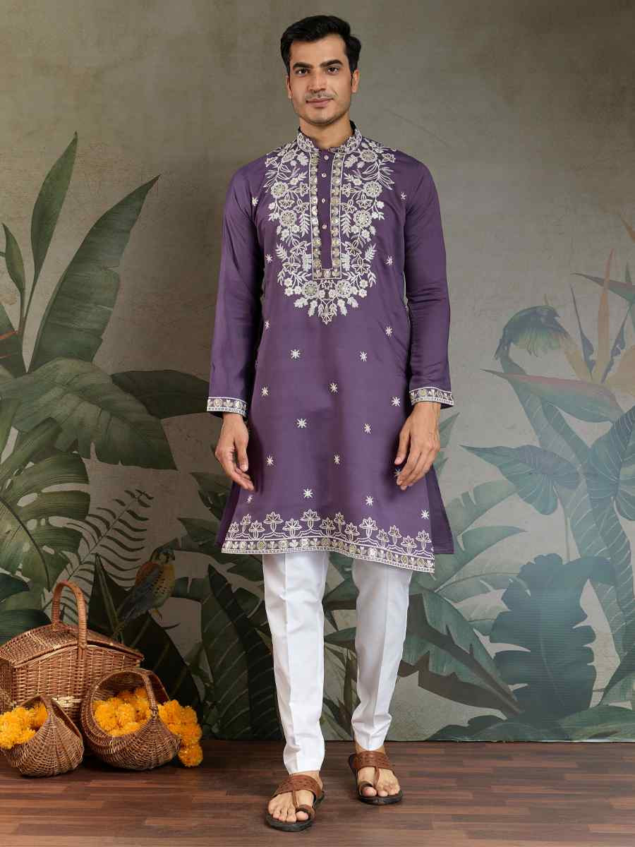 Pastel Purple Georgette Embroidery Festival Party Kurta