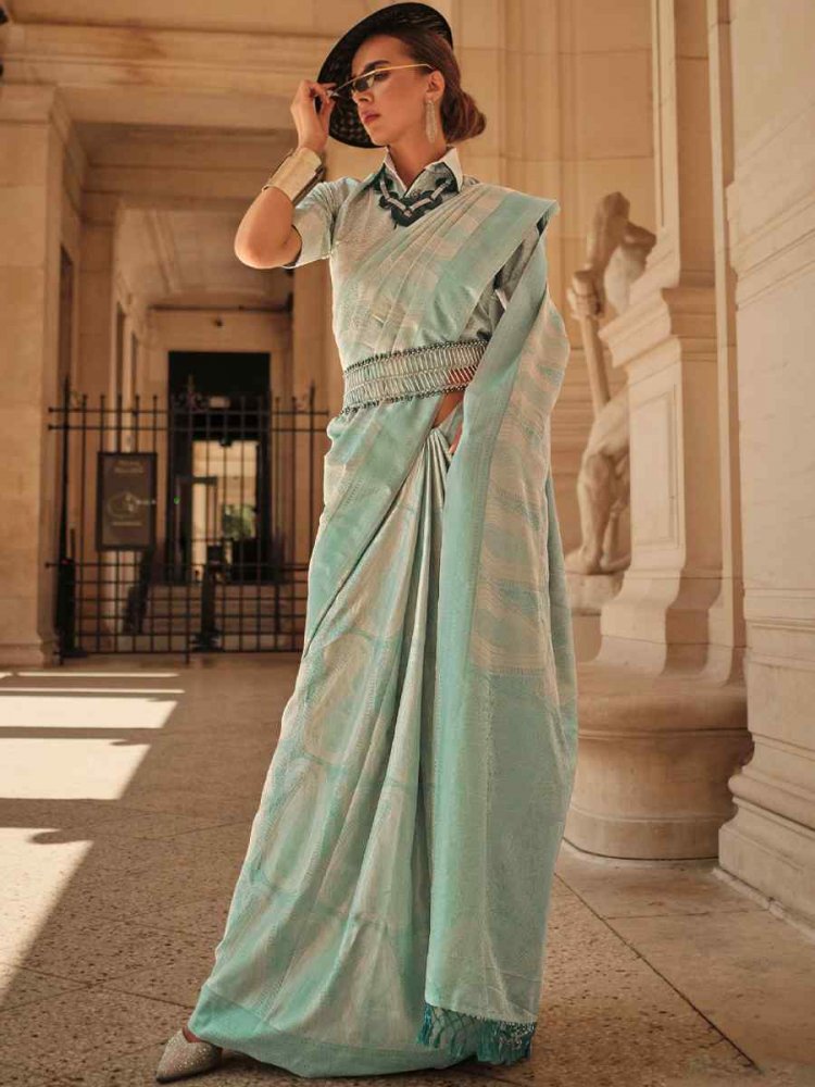 Pastel Sky Blue Satin Silk Handwoven Party Festival Classic Style Saree