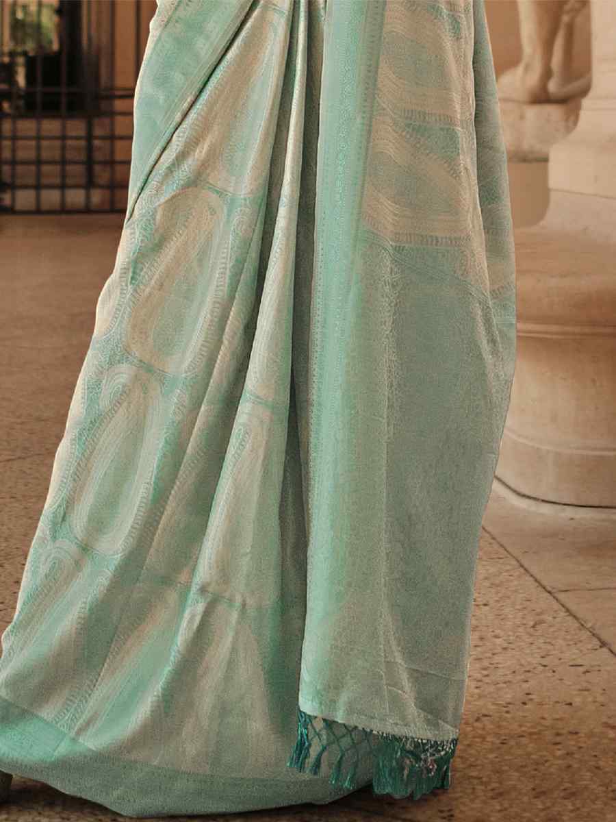 Pastel Sky Blue Satin Silk Handwoven Party Festival Classic Style Saree