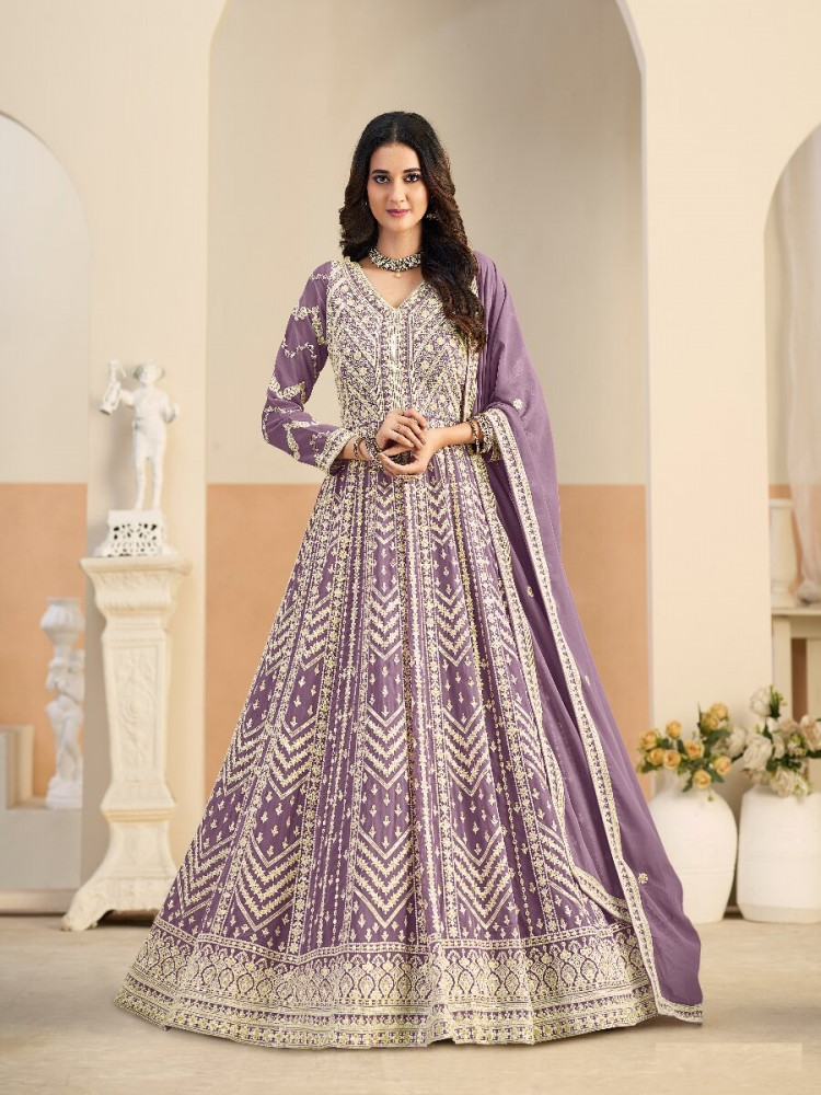 Image of Pastle purple Faux georgette Embroidery Wedding Party Festival Lawn Salwar Kameez